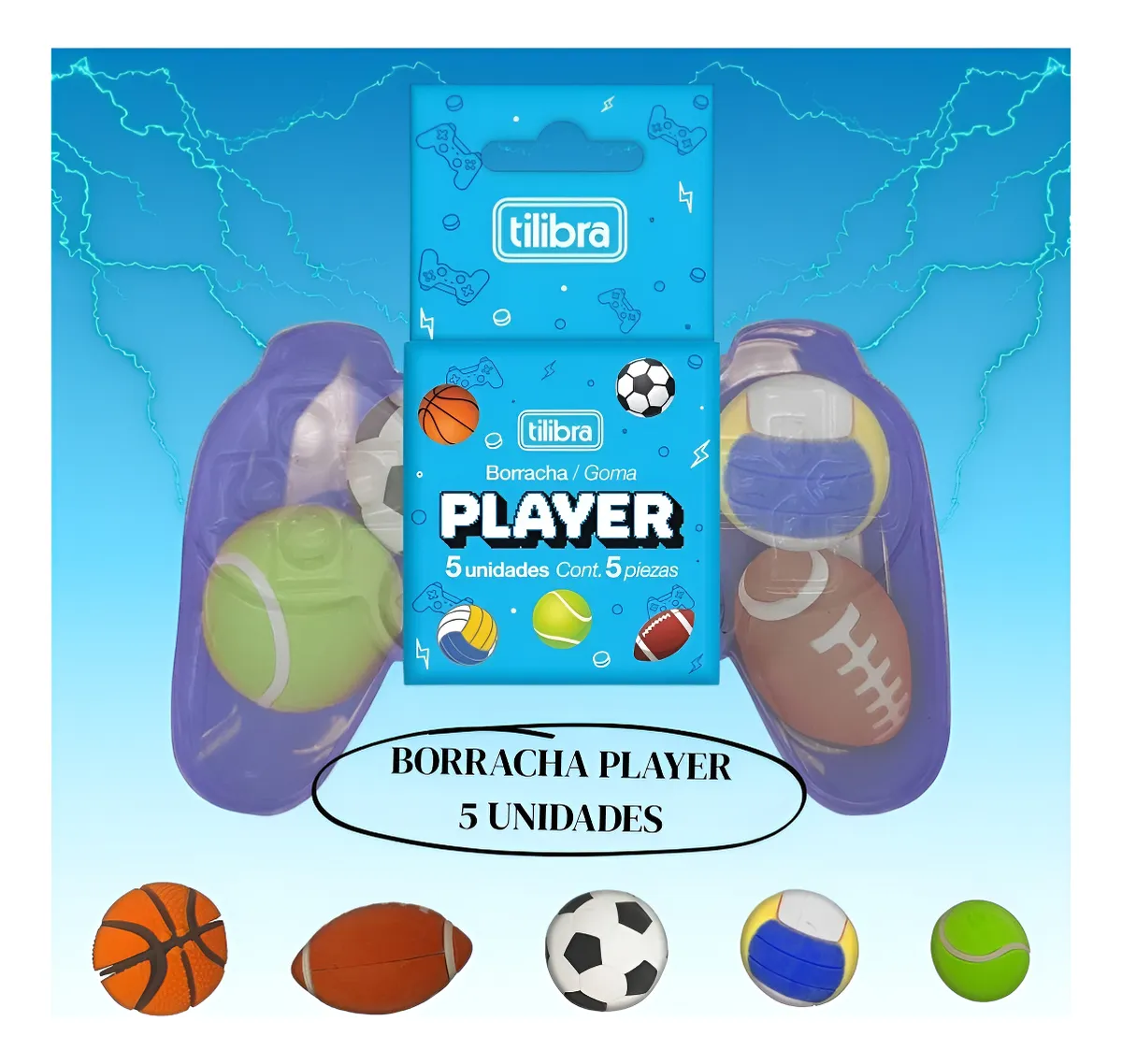 Kit 5 Borrachas Player Esporte Embalagem